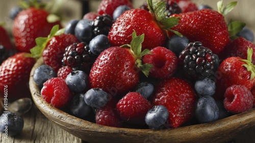 Wallpaper Mural A vibrant mix of strawberries, blueberries, raspberries and blackberries, piled high in a rustic wooden bowl - bowl healthy sweet close Torontodigital.ca