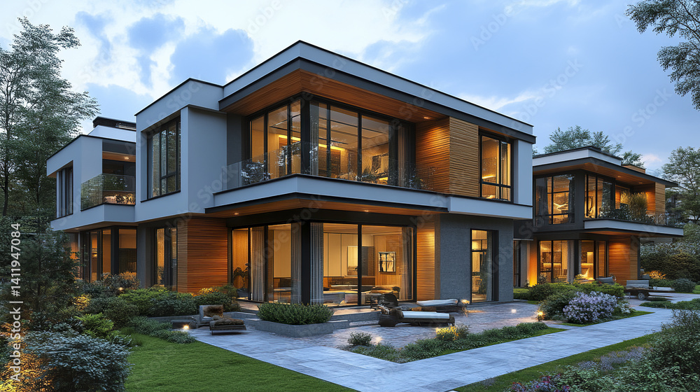 Fototapeta premium Modern homes with large windows and lush gardens create serene atmosphere