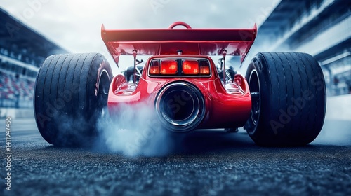 The powerful red race car, viewed from behind, creates a dramatic scene with its smoking exhaust and racing tires on the track.