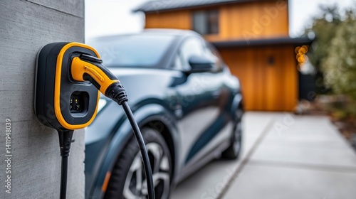 A wall-mounted electric vehicle charger is ready to charge a parked electric car. The charger plugs into the car's charging port.
