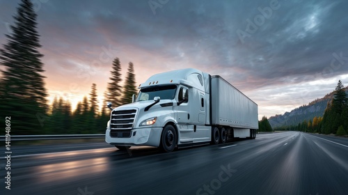 A white semi-truck races down a highway, captured with a motion blur effect against a colorful sky, showcasing travel and transport.