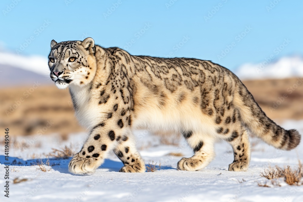 Fototapeta premium A snow leopard walking across a snowy mountain ridge, its thick fur blending into the icy landscape (Mammal)