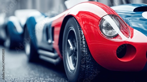 A lineup of classic red and blue race cars are seen in a close-up perspective, showcasing their design and details.