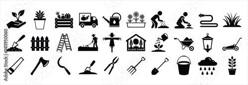 Landscaping, planting and Gardening silhouette Icons set