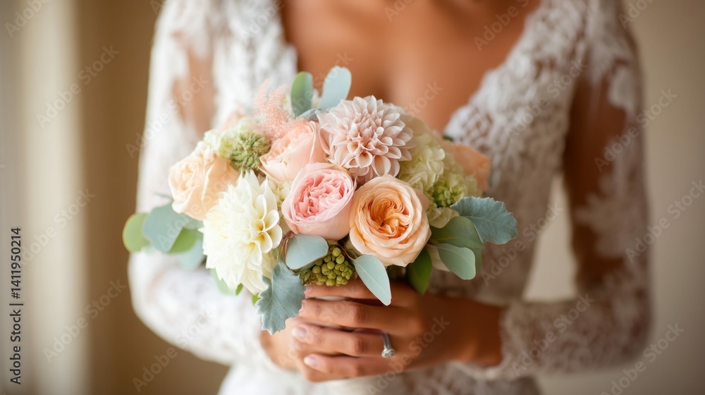 Naklejka premium A bride holds a stunning bouquet of roses and dahlias, showing off her elegant dress. A close up of the bouquet creates a beautiful scene.