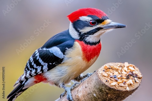 A woodpecker pecking at a tree trunk, tiny wood chips flying in all directions (Bird)