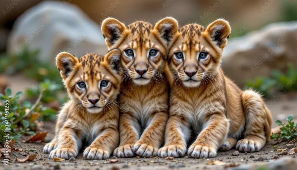 Obraz premium Three Playful Lion Cub Portraits on Natural Background with Soft Lighting and Natural Textures Captured in the Wild