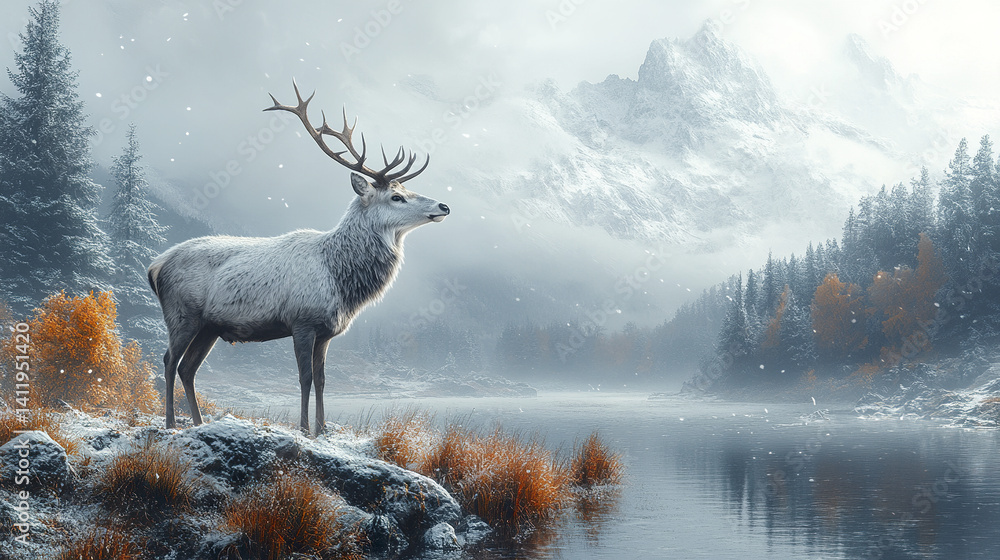 Majestic deer stands by serene snowy river in mountainous landscape Majestic deer stands by serene snowy river in mountainous landscape