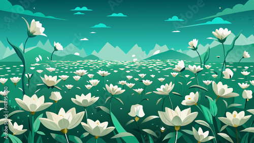 Delicate blooms like scattered snow,
Resting lightly on emerald fields,
Each one a poem of stillness.