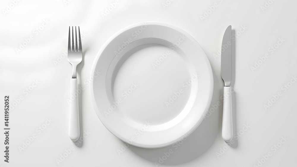 A minimalist setting featuring a white plate, knife, and fork arranged neatly on a clean surface. A minimalist setting featuring a white plate, knife, and fork arranged neatly on a clean surface.