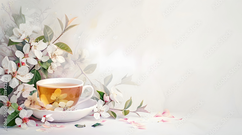 Tranquil painting of fragrant jasmine tea cup with serene ambiance and elegant presentation Tranquil painting of fragrant jasmine tea cup with serene ambiance and elegant presentation