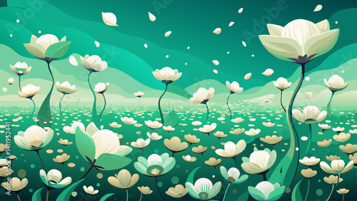 Delicate blooms like scattered snow,
Resting lightly on emerald fields,
Each one a poem of stillness.