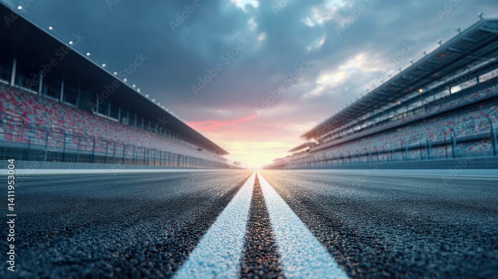 Fototapeta premium An empty race track is seen between stands, with a bright sunset casting shadows in the sky, conveying anticipation.