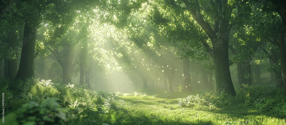 Fototapeta premium Sunlight Shines Through A Lush Green Forest On A Sunny Day