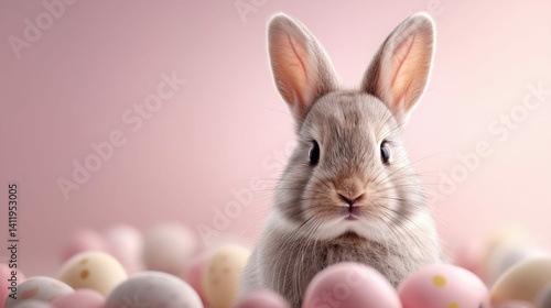 Wallpaper Mural A sweet, close-up view of a bunny surrounded by pastel Easter eggs against a soft pink background. Perfect for seasonal celebrations. Torontodigital.ca