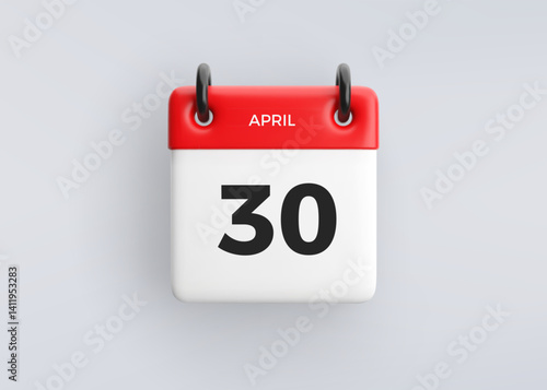 3D calendar icon with date 30 April on grey background. Vector schedule symbol.