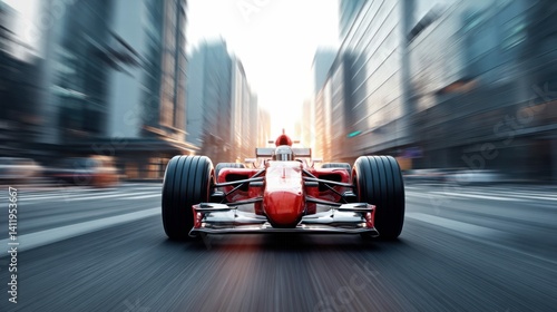 A sleek, red formula one car speeds through a city setting, conveying speed and motion in its blurred background.