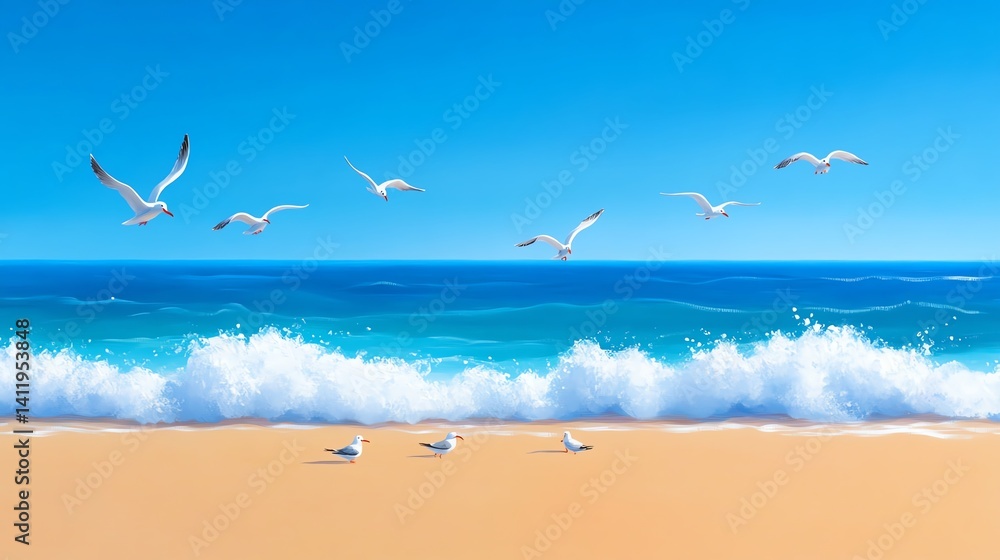 A serene beach scene with waves and seagulls under a clear blue sky. A serene beach scene with waves and seagulls under a clear blue sky.