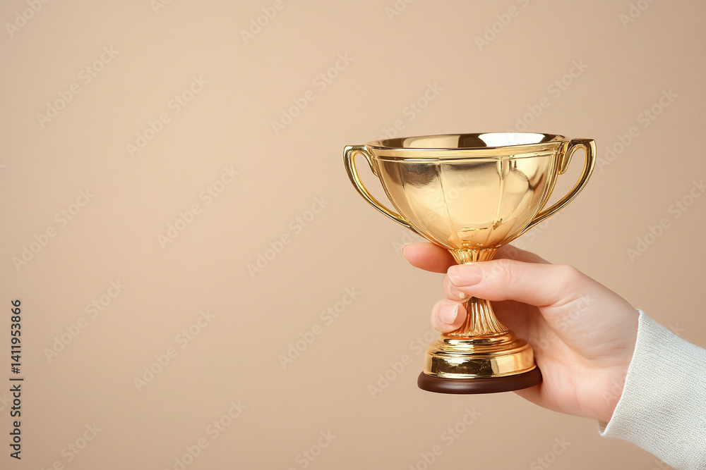 Hand holding a shiny gold trophy against a beige background a symbol of success and achievement Hand holding a shiny gold trophy against a beige background a symbol of success and achievement
