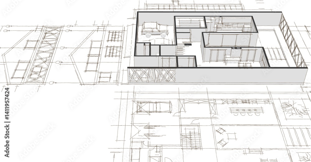 house architectural project sketch 3d illustration
house architectural project sketch 3d illustration