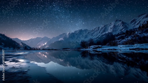 Starry Night Over Snowy Mountains Reflecting in a Frozen Lake