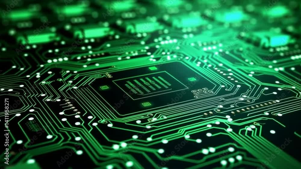 Close-up image of a green circuit board showcasing technology and innovation in electronics.