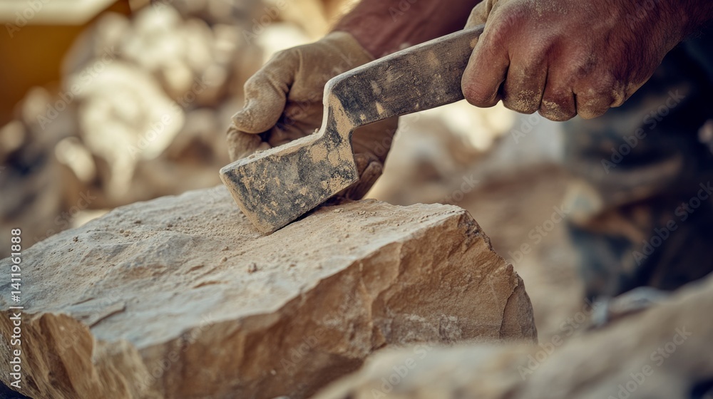 A mason chiseling stone at a restoration site. Featuring detail and craftsmanship
