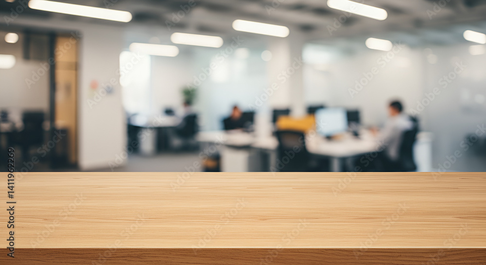 Obraz premium Empty Wood table with blurred office room background, brown, blank, decoration, counter, product, nobody, top,Generated Ai