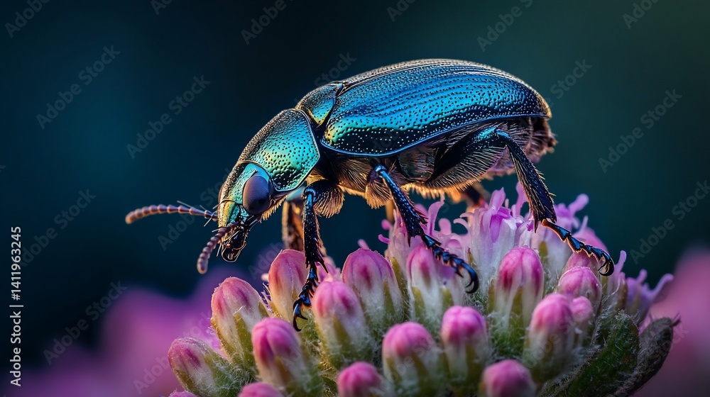 Fototapeta premium Blue beetle on a pink flower cluster