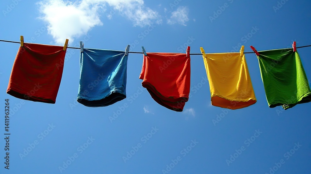 Colorful clothes hanging on a clothesline against a bright blue sky. (1) Colorful clothes hanging on a clothesline against a bright blue sky. (1)