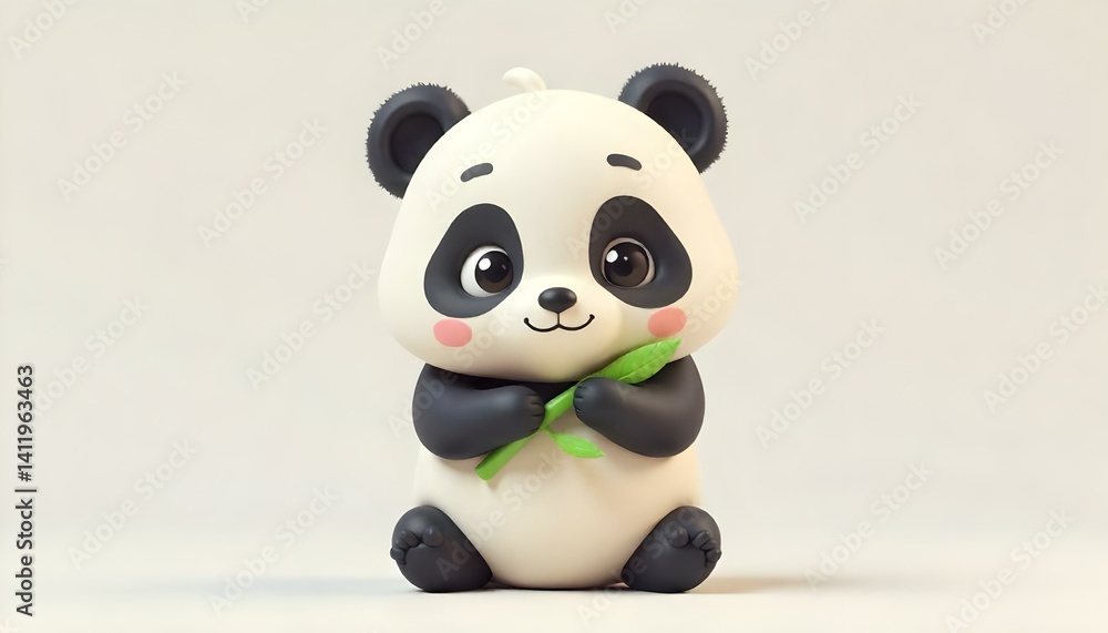 An endearing cartoon panda holding a sprig of bamboo, radiating happiness and charm in a serene setting. An endearing cartoon panda holding a sprig of bamboo, radiating happiness and charm in a serene setting.