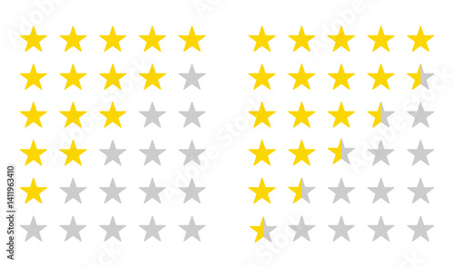 Product rating or customer review with gold stars and half star flat vector icons for apps and websites. Big set stars 10 eps