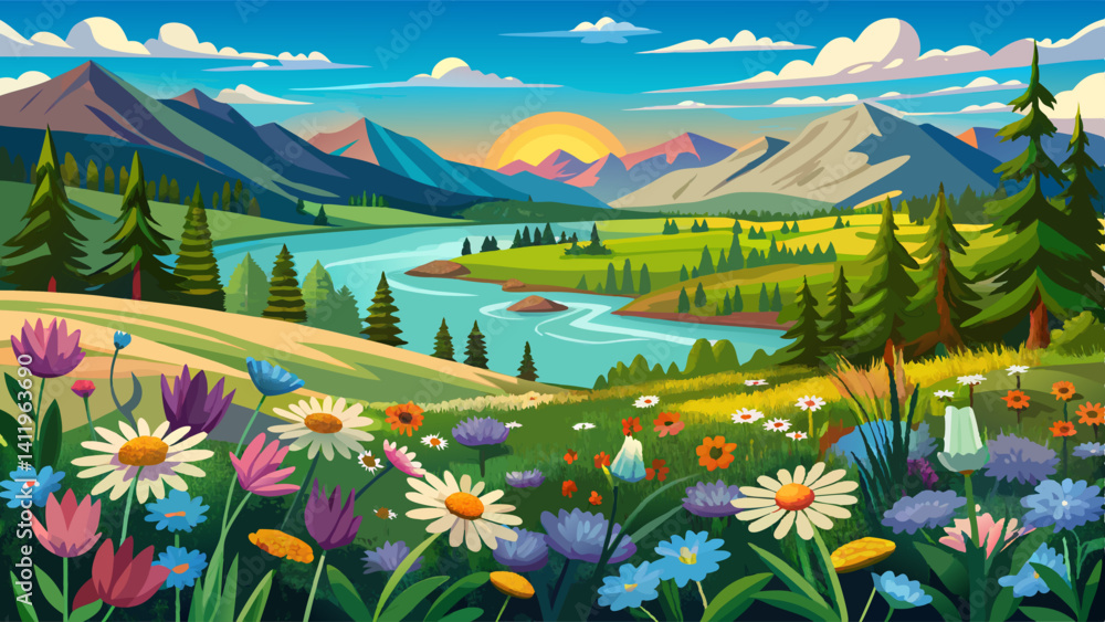 Fototapeta premium In the heart of Lake County’s land, A panorama of peace unfolds, Where wildflowers dream under sun.