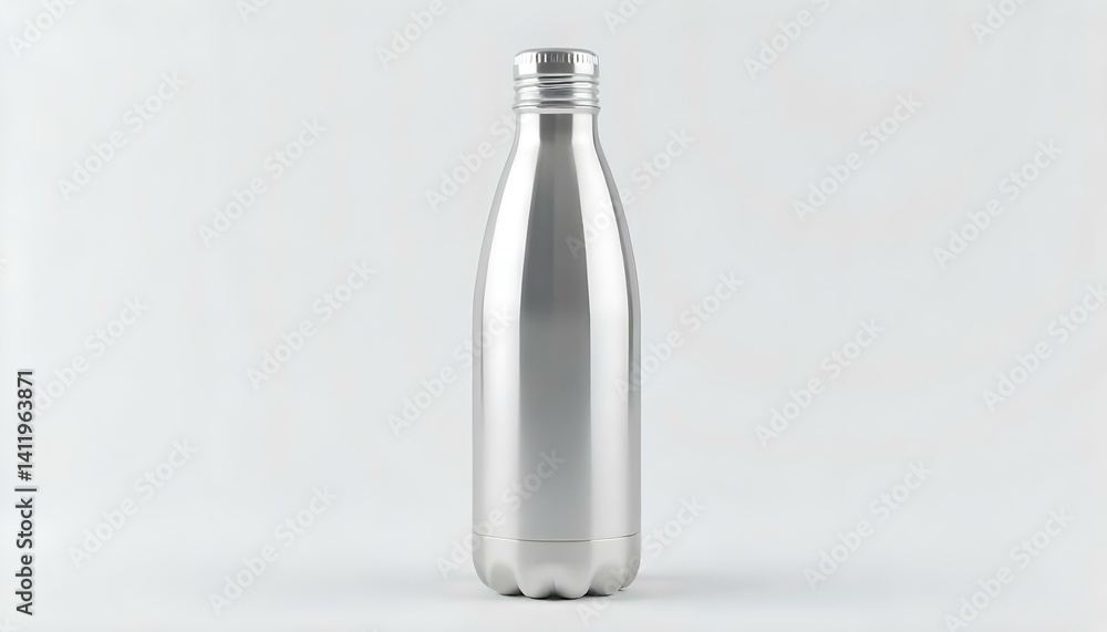 A stylish silver insulated water bottle is isolated against a simple white backdrop, ideal for hydration. A stylish silver insulated water bottle is isolated against a simple white backdrop, ideal for hydration.