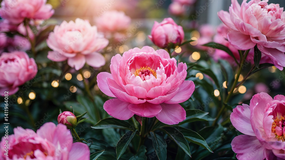 Obraz premium Pink Peonies with Bokeh Lights