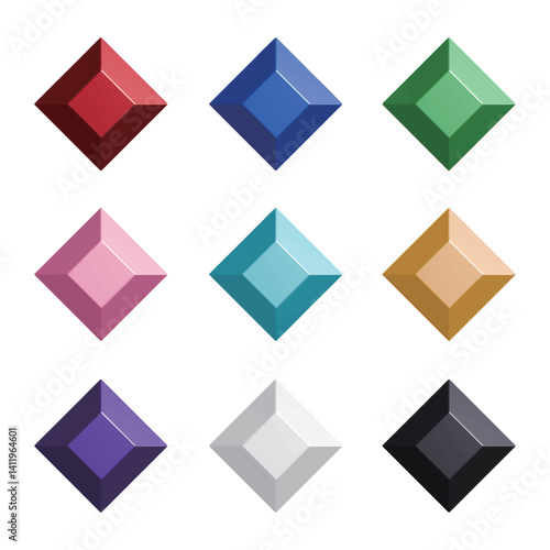 ダイヤ型にカットされたカラフルな宝石のアイコンセット 背景が透過されたベクターイラスト Icon set of colorful gemstones cut in diamond shape