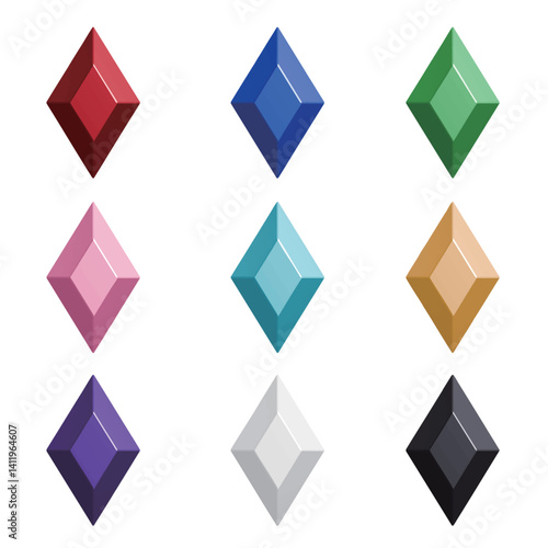 縦長のダイヤ型にカットされたカラフルな宝石のアイコンセット 背景が透過されたベクターイラスト Icon set of colorful gemstones cut in vertical diamond shape