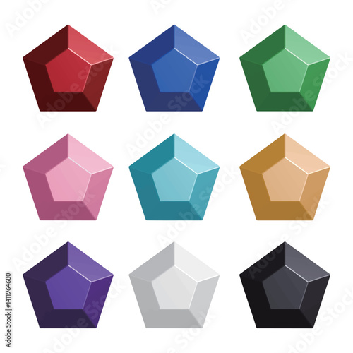 五角形にカットされたカラフルな宝石のアイコンセット 背景が透過されたベクターイラスト Icon set of colorful gemstones cut into pentagons