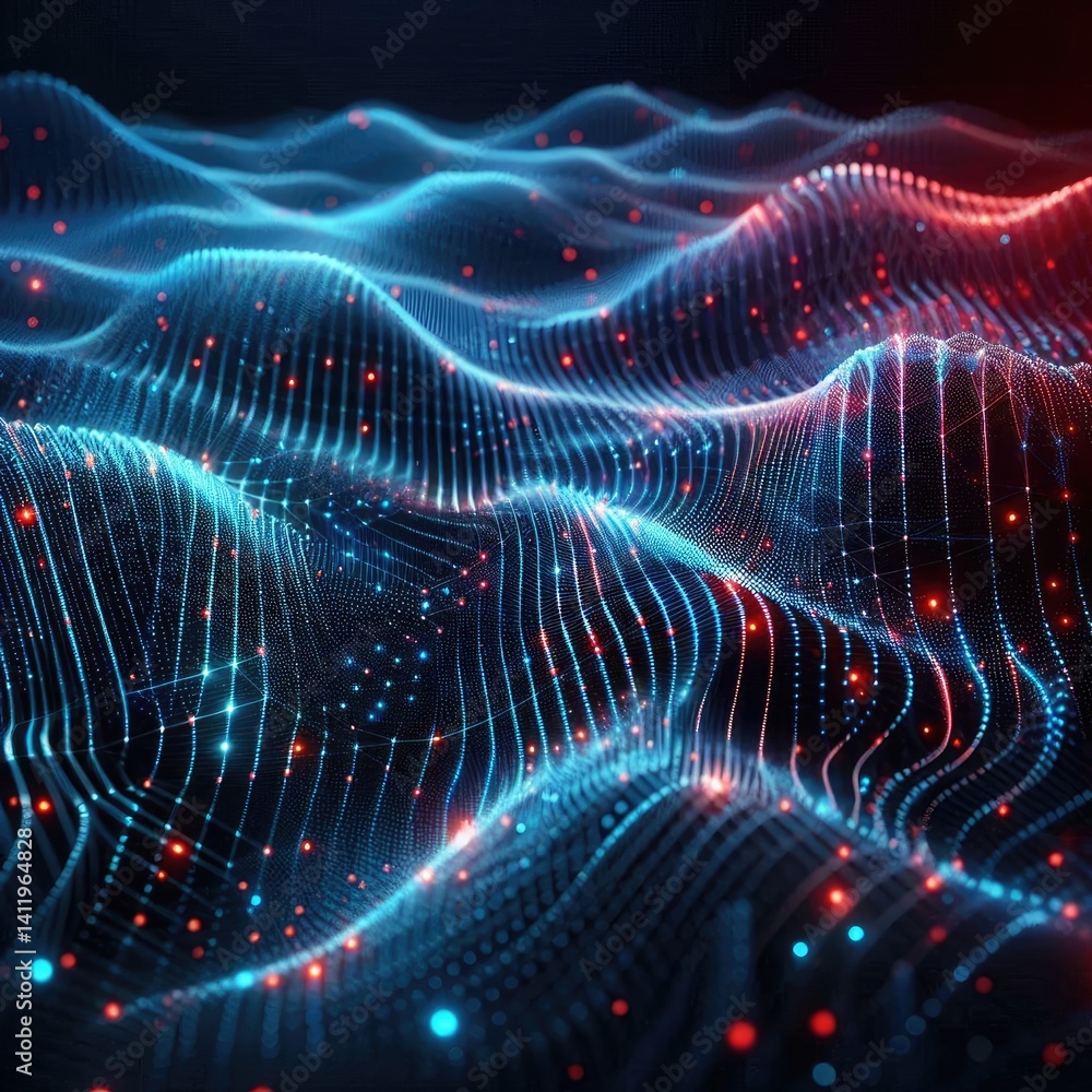 Futuristic Digital Wave: Abstract Data Landscape with Blue and Red Glowing Particles with Generative AI. Futuristic Digital Wave: Abstract Data Landscape with Blue and Red Glowing Particles with Generative AI.