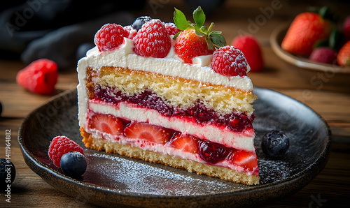 Delicious layered cake with raspberries and strawberries
