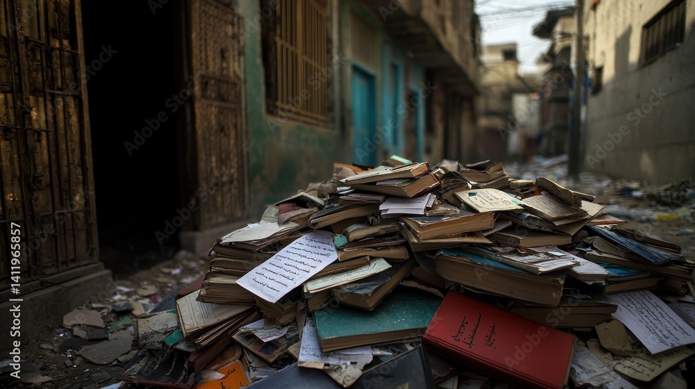 Pile of books in a neglected alleyway Pile of books in a neglected alleyway