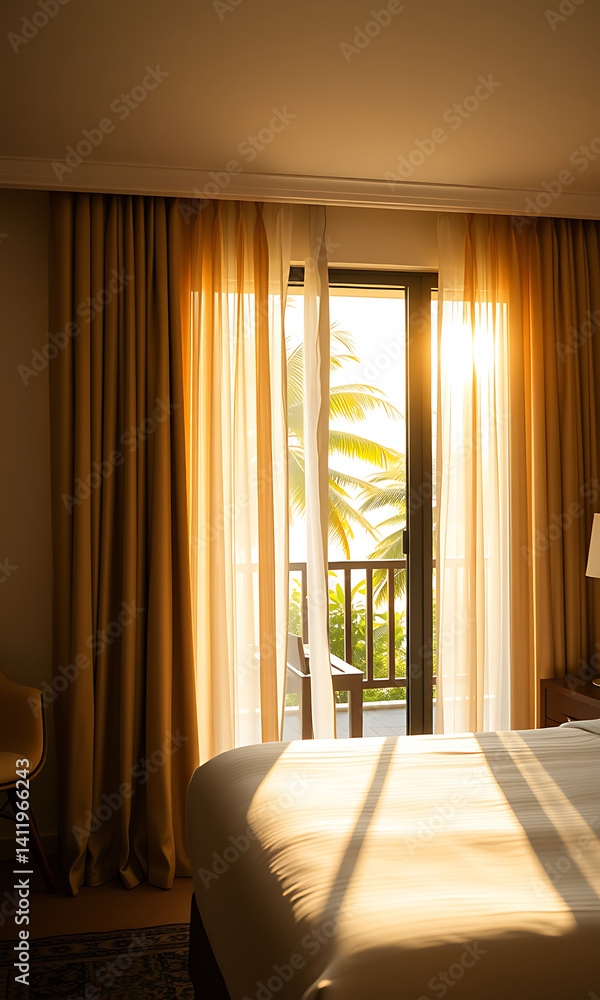 Fototapeta premium Sunlight streams into a bedroom through sheer curtains revealing a balcony with tropical palm trees.
