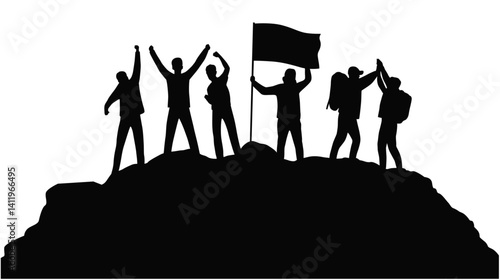 Business team success concept, silhouette of business man on peak mountain, Help and assistance concept, Climb Mountain 