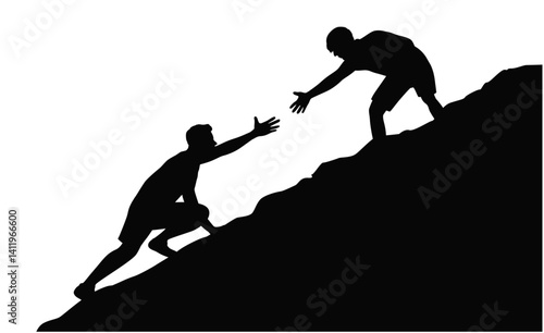 Silhouette Two Male climbing up mountain cliff, People helping and team work concept