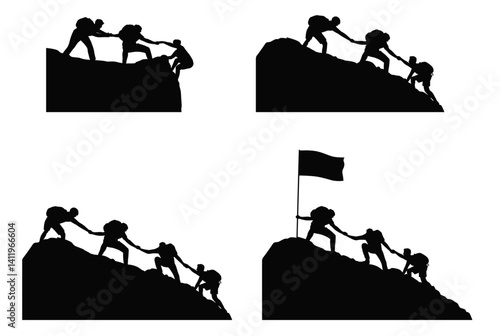 Climb Mountain, group of mountain climbers climbing up, People helping and team work concept