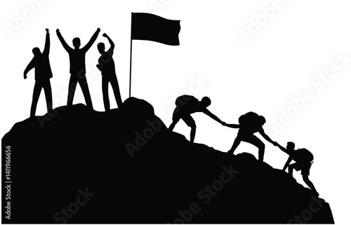 Climb Mountain, People helping and team work concept, Business team success concept, silhouette of business man on peak mountain climbing helping