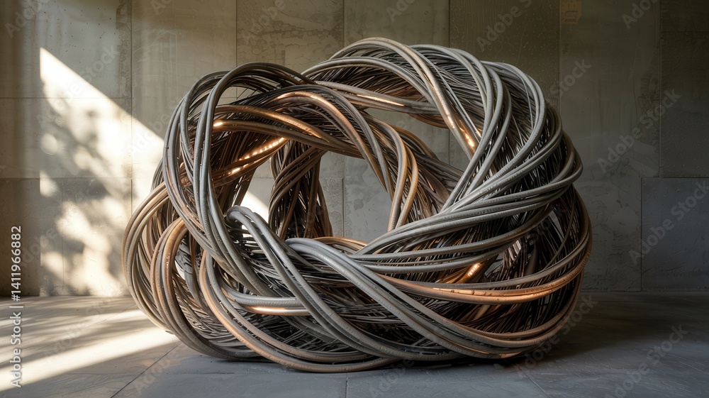 Abstract 3D sculpture resembling intricately woven threads or fabric, forming a complex, flowing structure that seems to capture or distort time Abstract 3D sculpture resembling intricately woven threads or fabric, forming a complex, flowing structure that seems to capture or distort time