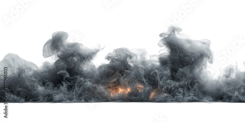 Illustration small grey smoke which start initiate from bonfire on left side of frame and floating up to the air and smoke which floating up are covering on top boundary of frame,