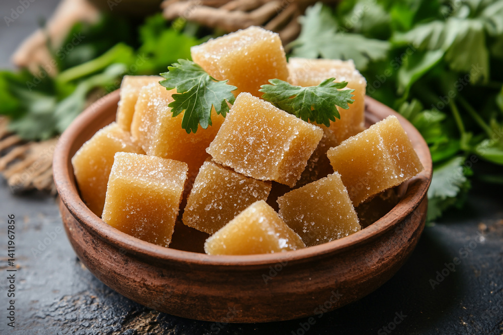 Sugary golden cubes in a rustic bowl garnished with fresh herbs Sugary golden cubes in a rustic bowl garnished with fresh herbs