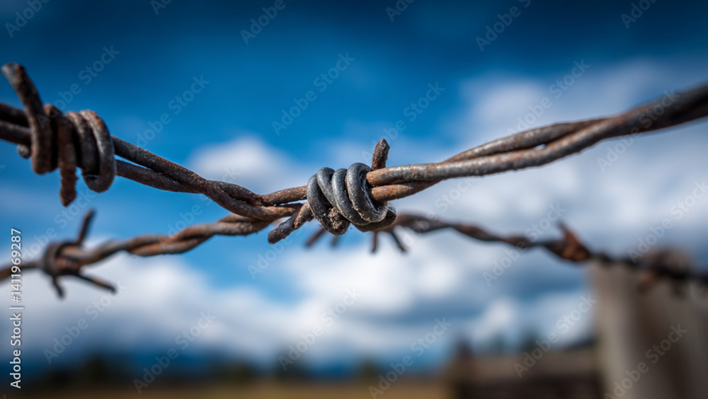 Barbed wire fencing creating secure perimeter under blue sky with copy space